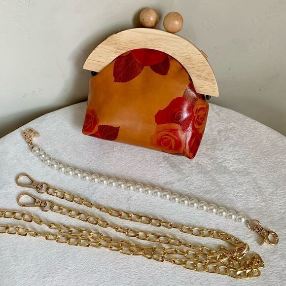 Handmade Genuine Leather Rose Print Wooden Frame Purse with 2 Chains style - Picture 13 of 16